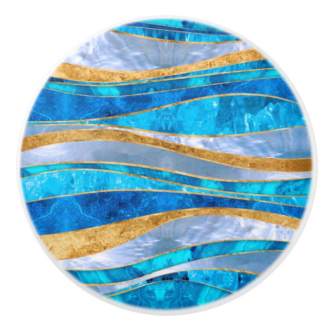 Ocean Blue Gold Metallic Wavy Abstract Ceramic Knob (Front)