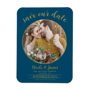 Ocean Blue & Gold Modern Round Photo Save the Date Magnet