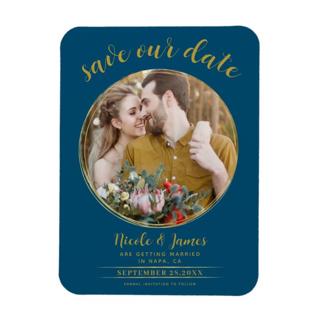 Ocean Blue & Gold Modern Round Photo Save the Date Magnet (Vertical)