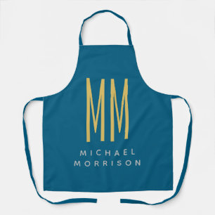 Ocean Blue Gold Monogram Initial Letters Name Apron