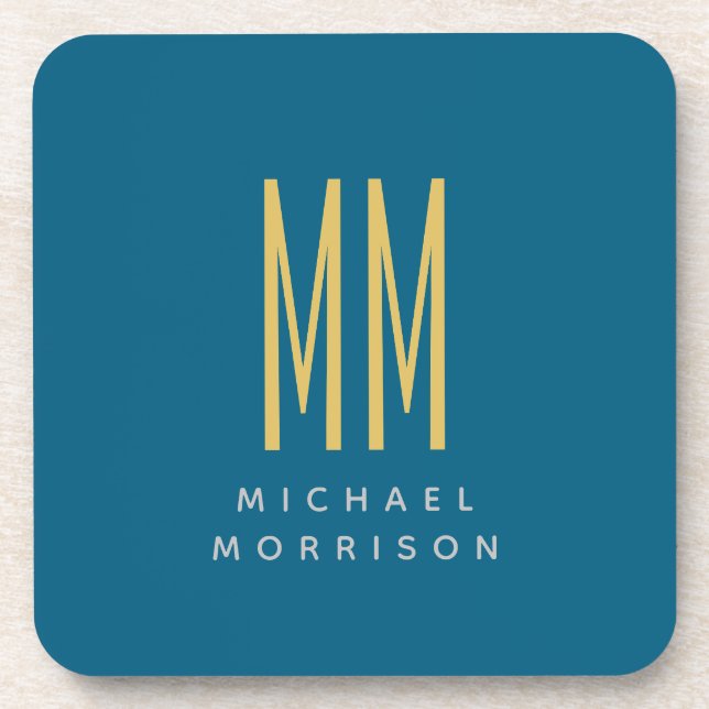 Ocean Blue Gold Monogram Initial Letters Name Coaster (Front)
