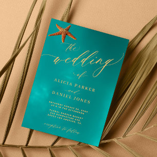 Ocean blue gold script beach destination wedding invitation