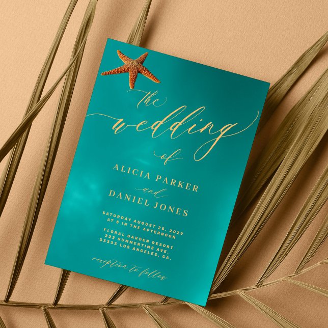 Ocean blue gold script beach destination wedding  invitation (Creator Uploaded)
