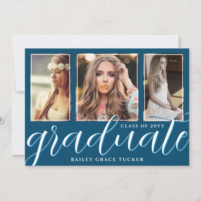 Ocean Blue Graduate Script 3-Photo Graduation Announcement (Front)