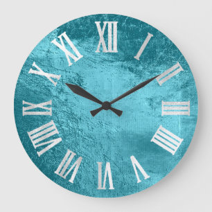 Ocean Blue Grey Silver Leather Metallic Glass Large Clock