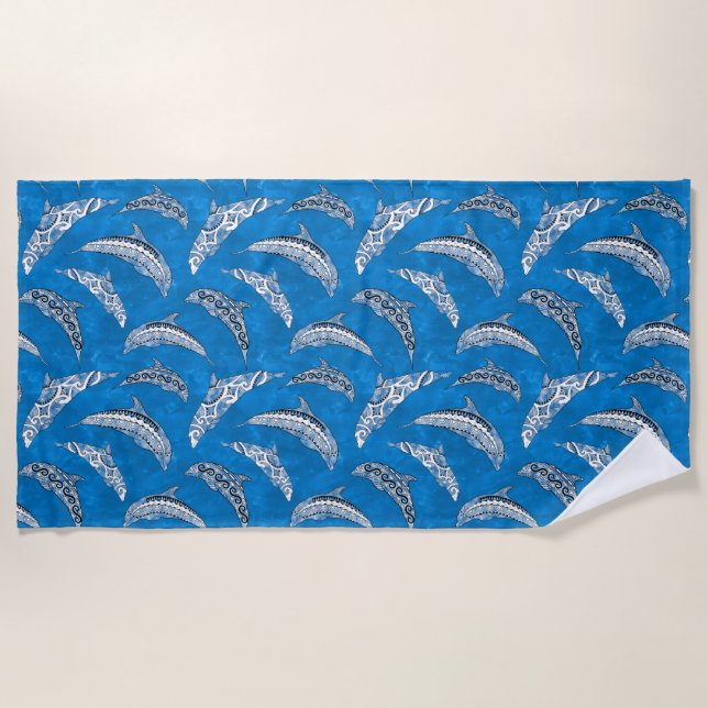 Ocean Blue Hawaiian Tribal Dolphins Beach Towel (Front)