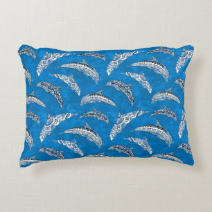 Ocean Blue Hawaiian Tribal Dolphins Decorative Cushion