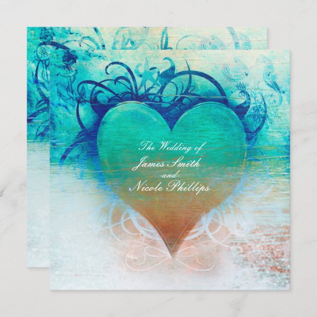 Ocean Blue Heart Beach Tropical Invitations (Front/Back)