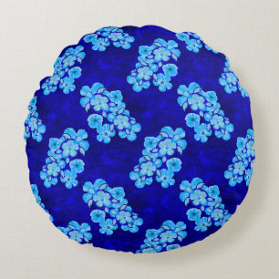 Ocean Blue Honu Turtles Hibiscus Flowers Round Cushion