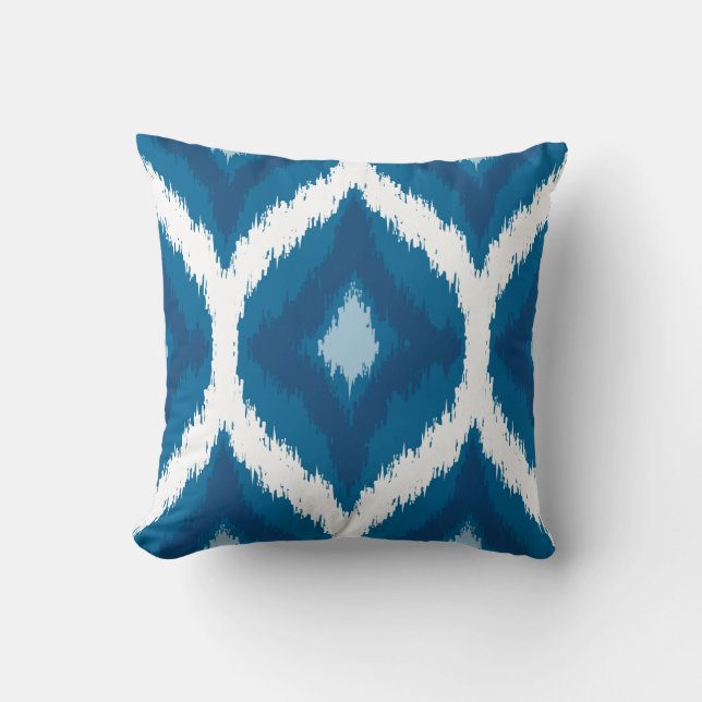 Ocean Blue Ikat Modern Ethnic Geometric Print Cushion (Front)