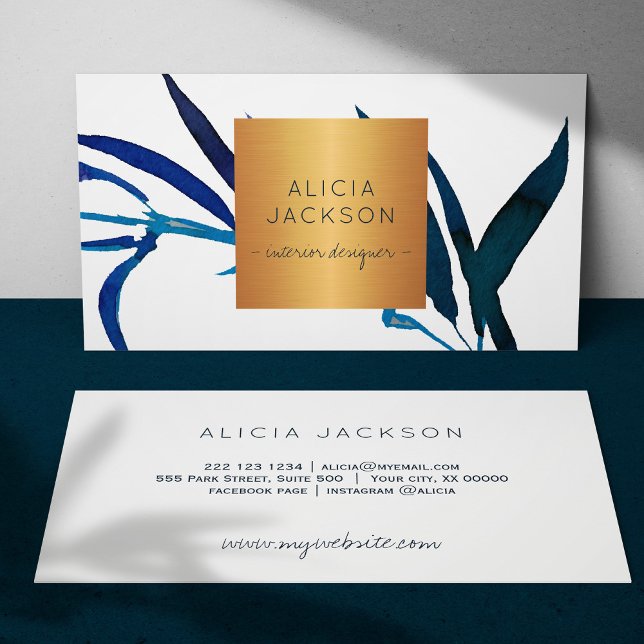 Ocean blue leaf glam copper chic interior designer business card (Creator Uploaded)