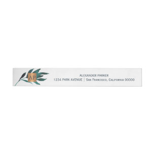 Ocean blue leaf metallic copper monogrammed wraparound address label