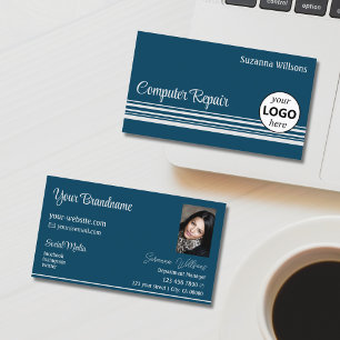 Ocean Blue Light Grey Stripes with Logo and Photo Business Card
