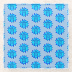 Ocean Blue Maori Sun Tribal Turtles Glass Coaster
