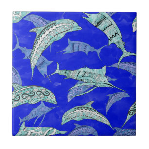 Ocean Blue Marine Animals Dolphins Marlins Ceramic Tile