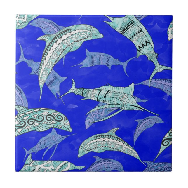 Ocean Blue Marine Animals Dolphins Marlins Ceramic Tile (Front)