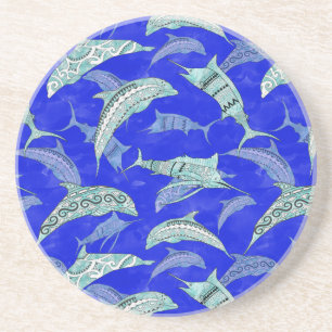 Ocean Blue Marine Animals Dolphins Marlins Coaster