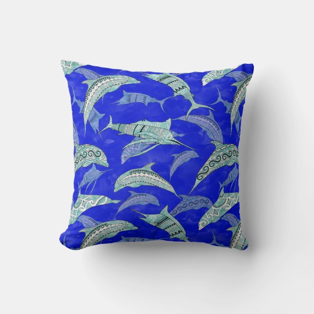 Ocean Blue Marine Animals Dolphins Marlins Cushion (Front)