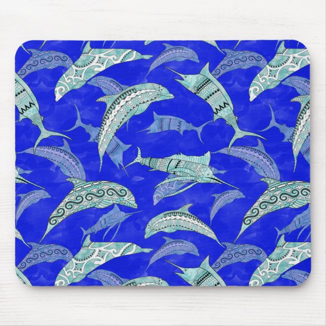 Ocean Blue Marine Animals Dolphins Marlins Mouse Pad (Front)