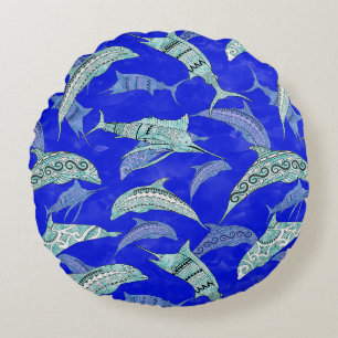 Ocean Blue Marine Animals Dolphins Marlins Round Cushion