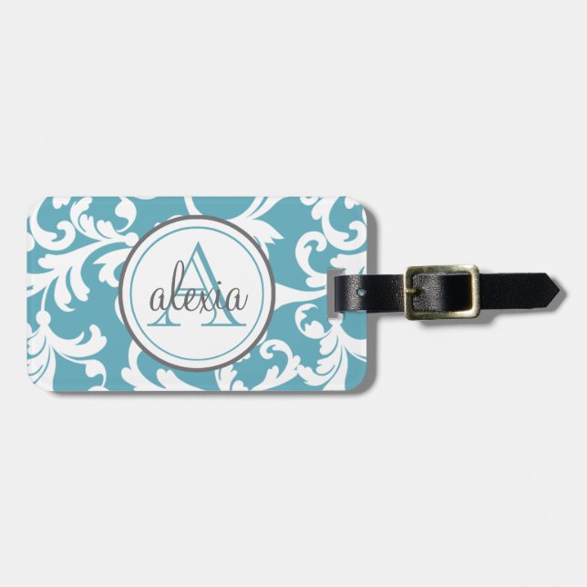 Ocean Blue Monogrammed Damask Print Luggage Tag (Front Horizontal)