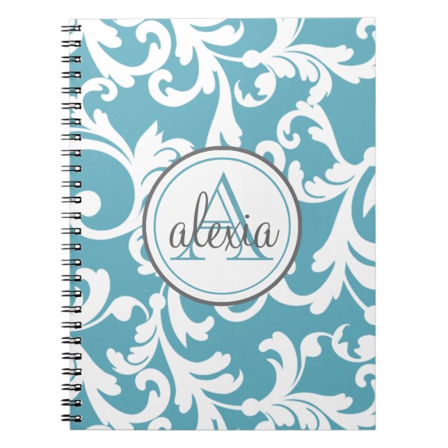 Ocean Blue Monogrammed Damask Print Notebook (Front)