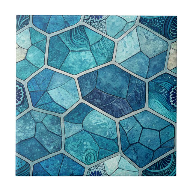 Ocean Blue Mosaic Pattern – Irregular Polygon Ceramic Tile (Front)