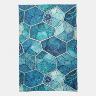 Ocean Blue Mosaic Pattern – Irregular Polygon Tea Towel