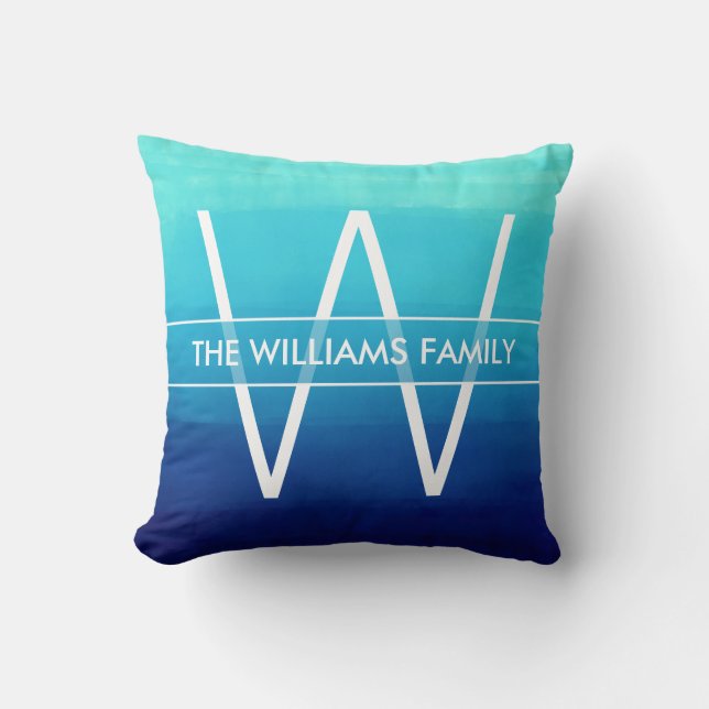 Ocean Blue Ombre Family Name & Monogram Cushion (Front)