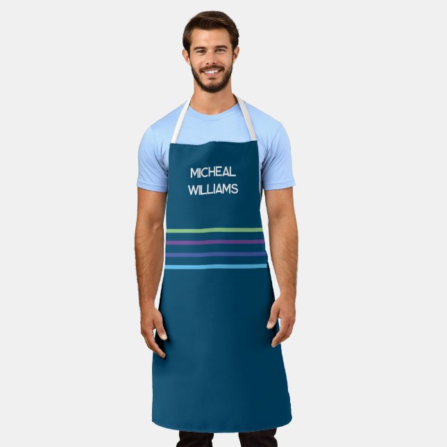 Ocean Blue - Personalise, with colourful stripes Apron (Worn)