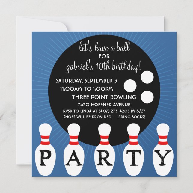 Ocean Blue Pin Party Bowling Birthday Party Invitation (Front)