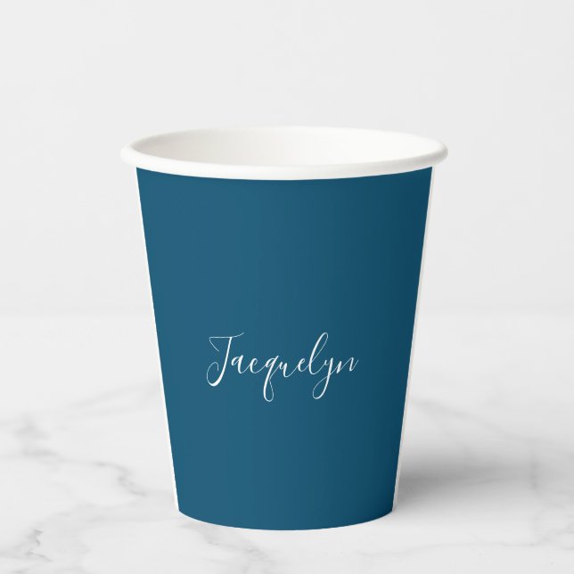 Ocean Blue Plain Elegant Modern Calligraphy Name Paper Cups (Front)