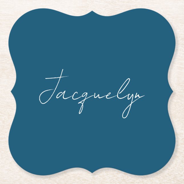 Ocean Blue Plain Elegant Modern Minimalist Name Paper Coaster (Front)