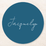 Ocean Blue Plain Elegant Modern Minimalist Name Round Paper Coaster<br><div class="desc">Represent yourself with this modern,  elegant design. This template can be customised to meet all professional occupations.</div>