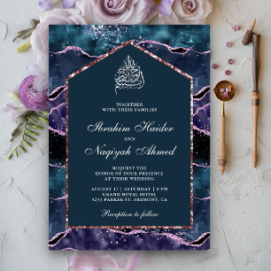 Ocean Blue Purple Agate Marble Arch Muslim Wedding Invitation