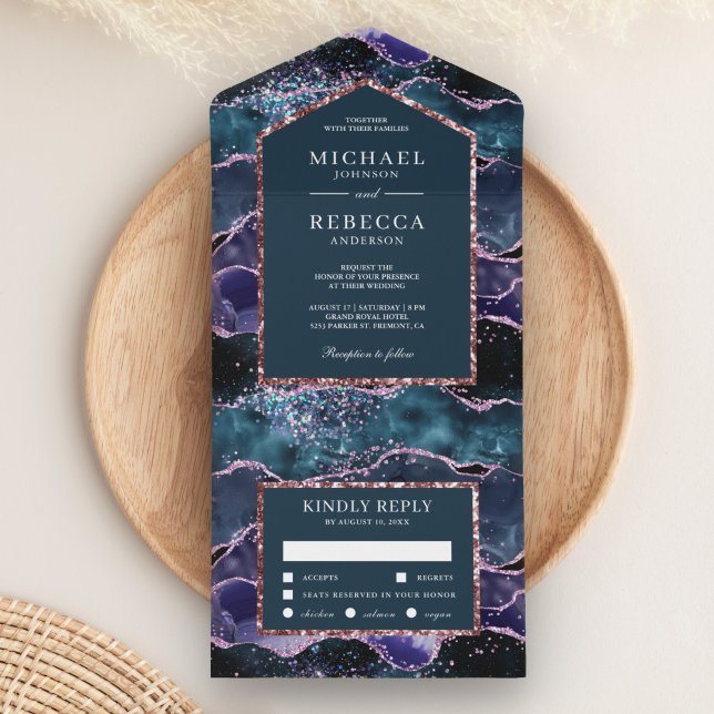 Ocean Blue Purple Glitter Agate Marble Wedding All In One Invitation (Creator Uploaded)