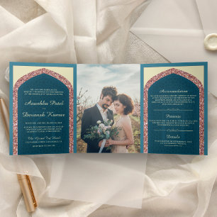 Ocean Blue Rose Gold Glitter Indian Wedding Tri-Fold Invitation