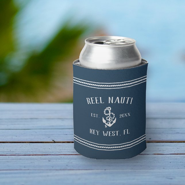 Ocean Blue Rustic Anchor Personalized Boat Name Can Cooler (Creator Uploaded)