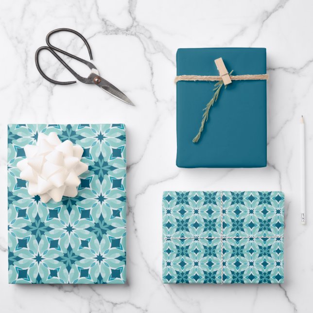 Ocean Blue, Sea Glass Green & White Tile Pattern Wrapping Paper Sheet (Front)