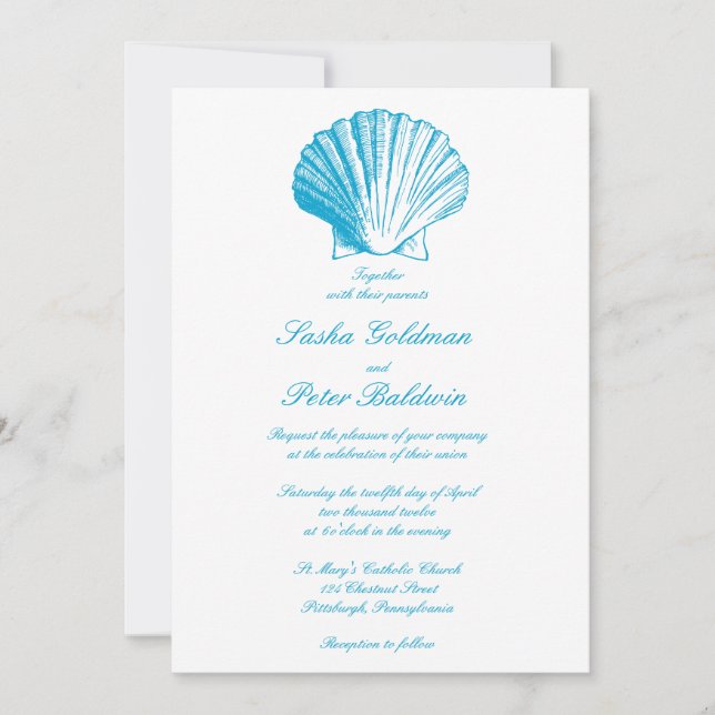 Ocean Blue Sea Shells Wedding Invitation (Front)