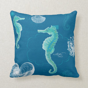 Ocean Blue Seahorse Vintage Handwriting Scrolls Cushion