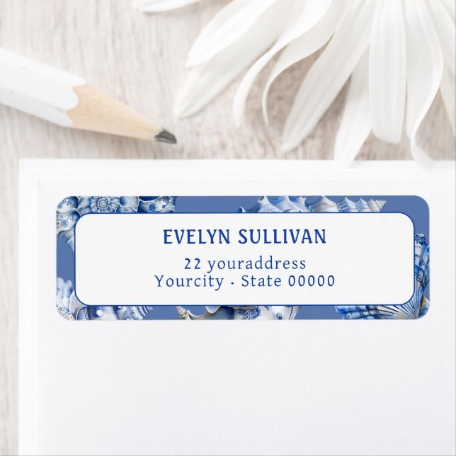 Ocean blue seashells return address label (Insitu)