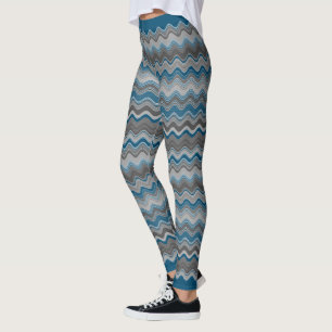 Ocean Blue Silver Grey Grey Wavy Zigzag Pattern Leggings