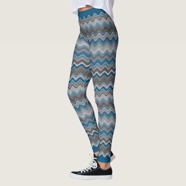 Ocean Blue Silver Grey Grey Wavy Zigzag Pattern Leggings (Left)
