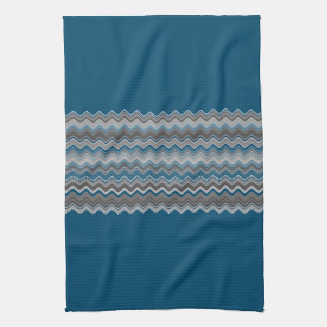 Ocean Blue Silver Grey Grey Wavy Zigzag Pattern  Tea Towel (Vertical)