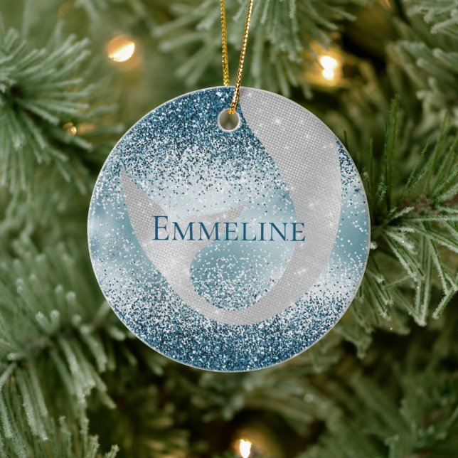 Ocean Blue Silver Mermaid Sparkle Glitter Ceramic Ornament (Tree)