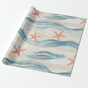 Ocean Blue Starfish Sandy Shore Watercolor Wrapping Paper