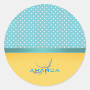 Ocean Blue, Sunny Beach, Silver Hearts Monogram Classic Round Sticker