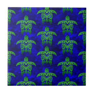 Ocean Blue Tribal Green Sea Turtles Ceramic Tile