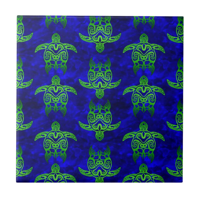 Ocean Blue Tribal Green Sea Turtles Ceramic Tile (Front)